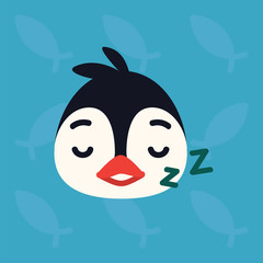 Penguin emotional head. Vector illustration of cute arctic bird shows relax emotion. Sleeping emoji. Smiley icon. Print, chat, communication. Penguin in flat cartoon style on blue background.