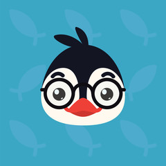 Penguin emotional head. Vector illustration of cute arctic bird shows nerd emotion. Smart emoji. Smiley icon. Print, chat, communication. Penguin in flat cartoon style on blue background.