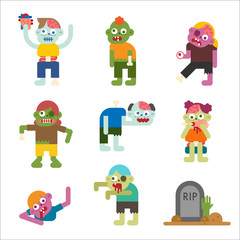 cute zombie character vector flat design illustration set 