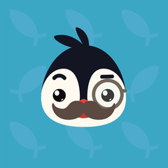 Penguin emotional head. Vector illustration of cute arctic bird shows intelligent emotion. Mister with monocle emoji. Smiley icon. Print, chat. Penguin in flat cartoon style on blue background.