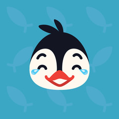 Penguin emotional head. Vector illustration of cute arctic bird shows nicker with tears emotion. Laugh out loud emoji. Smiley icon. Print, chat. Penguin in flat cartoon style on blue background.