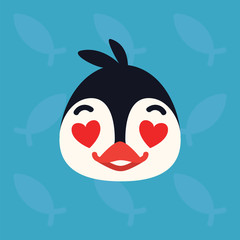Penguin emotional head. Vector illustration of cute arctic bird shows amorous emotion. In love emoji. Smiley icon. Print, chat, communication. Penguin in flat cartoon style on blue background.