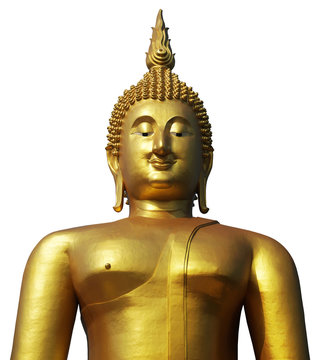 Buddha statue in pubic temple of thailand. Isolated on white background with clipping path.