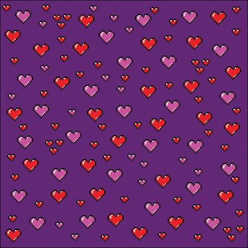 Pixel art hearts background, video game style illustration