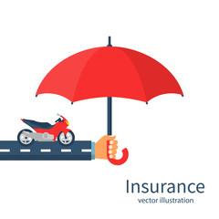 Insurance motorcycle. Vector illustration flat design. Isolated on white background. Hand insurer with an umbrella that protects motorbike. Safety concept moto.