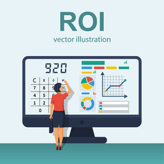 ROI concept. Return on investment. ROI business marketing. Profit income. Businesswoman managing financial chart. Vector illustration flat design. Isolated on white background. Analysis data.