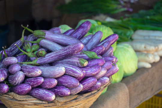 Eggplants on the counter of a vegetable store.
