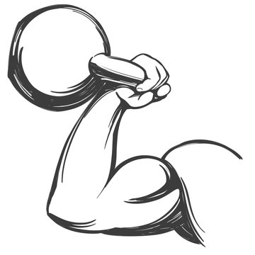 arm, bicep, strong hand holding a kettlebell icon cartoon hand drawn vector illustration sketch