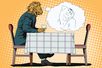 Dreaming Man. Romantic lion. Male dreams of a girl. People in images of animals.