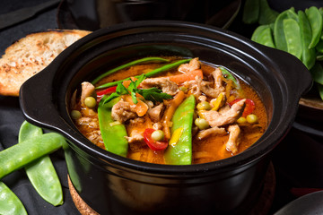 strips of pork  with sugar peas and other vegetables