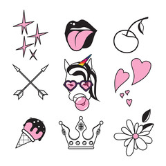 Unicorn vector Black and white icon isolated. Style duocolor set with boho arrows, hearts, flowers, sexy lips with tongue