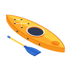 Rafting boat in isometry style. Isometric kayak icon. Canoe with paddle in 3d perspective.