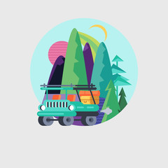 Travel by car to nature. Vector illustration.