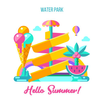 Water park. Hello summer. Vector illustration.