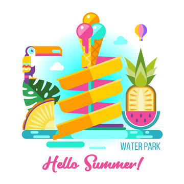 Water park. Hello summer. Vector illustration.