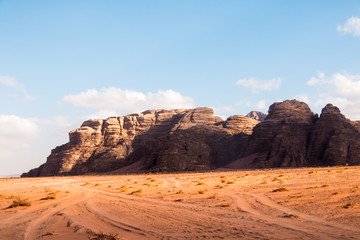 Fototapeta na wymiar Nice view sand and big rocks in Wadi Rum desert in Jordan