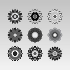 Monochrome floral icon set of 9 silhouette flowers Isolated on white background. Stylized summer or spring flowers, floral design elements. Vector illustration