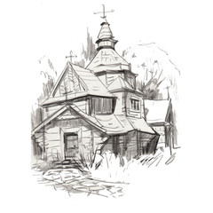 pensil drawing architecture castel building wood church medieval historic famoust ansient nature europe  landmark travel tourism