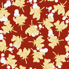 Seamless pattern with yellow wild roses and leaves and white backdrops on dark red background. Hand drawn vector illustration.