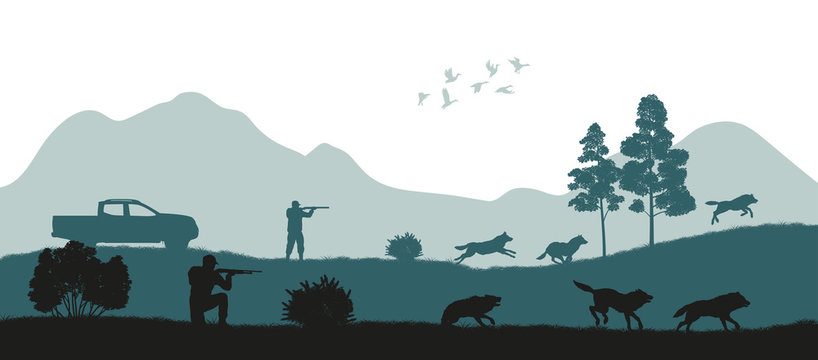Hunting the wolves. Black silhouette of hunters on forest background. Wildlife landscape. Panorama of shotgun mans safari. Season expedition