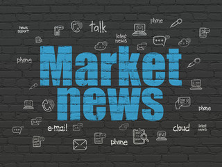 News concept: Painted blue text Market News on Black Brick wall background with  Hand Drawn News Icons