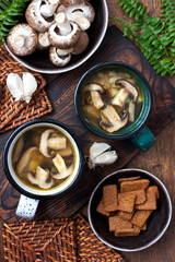 Hot homemade mushroom soup with fried mushrooms in color mug on wooden rustic table and bowl with fresh raw mushrooms