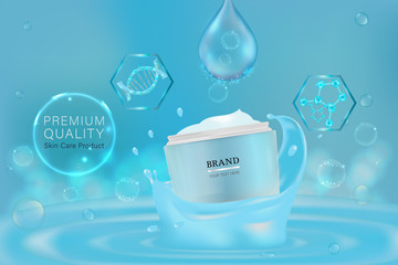 cosmetic container with advertising background ready to use, liquid splash skin care ad, vector illustration.