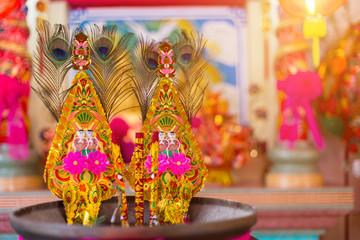 Red candles and burning incense sticks Paper gold for pay respect to god in Chinese New Year day at a Chinese shrine.