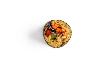 Vegan sushi roll with quinoa and vegetables, white background, isolate. Vegan Healthy Food Concept.