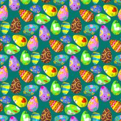 Easter eggs vector painted with spring decoration retro multi colored vintage ornament organic food holiday game seamless pattern background illustration.