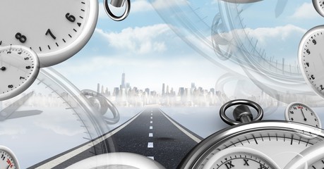 Road with surreal time clocks perspective