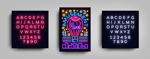 Fototapeta na wymiar Amusement Park flyer neon. Amusement Park Neon sign with balloon poster, typography design template, night advertising for Amusement Park, Attractions. Vector Illustrations. Editing text neon sign