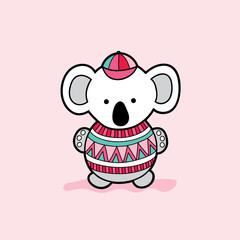 Cute koala bear with a multi-colored jumper vector illustration on a pale pink background.