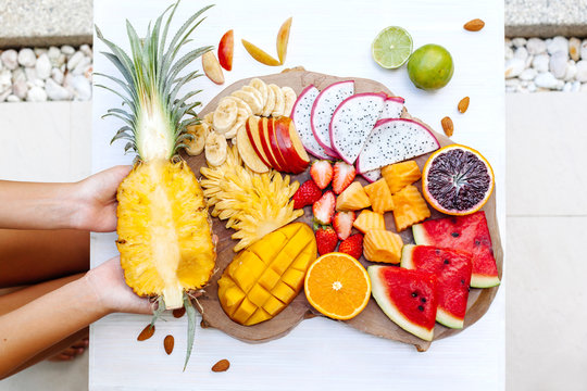 Colorful tropical fruits on serving tray