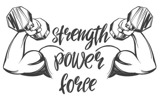 arm, bicep, strong hand holding a dumbbell, icon cartoon calligraphic text symbol hand drawn vector illustration sketch