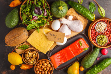 Keto (ketogenic) diet concept. Balanced low-carb food background. High protein food. Vegetables, fish, meat, cheese, nuts on a dark background. - obrazy, fototapety, plakaty