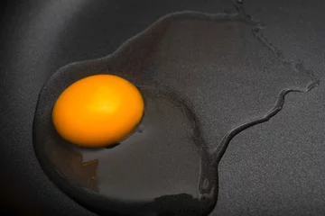 Photo sur Plexiglas Oeufs sur le plat Raw egg on Teflon non-stick frying pan close-up. Kitchen. Black background. Cooking food concept. Yolk and protein of chicken egg. Healthy food. Omelet.