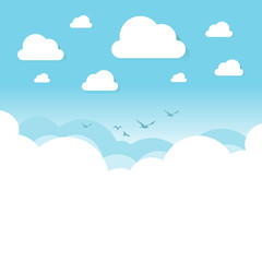 White and transparent clouds on the blue sky with flying birds.