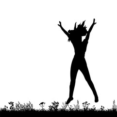 isolated silhouette girl jumping on the grass
