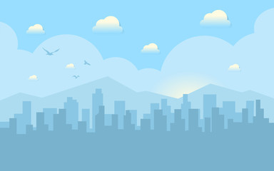 Morning city skyline. Buildings silhouette cityscape with mountains. Big city streets. Blue sky with sun and clouds.