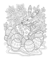 Outline Easter bunny decorated with folk ornament. Page of adult coloring book. Contour Rabbit with Easter eggs and flowers ornate with ethnic pattern. Vector illustration.