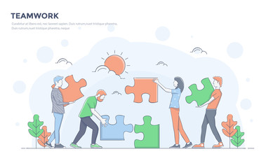 Flat Line Modern Concept Illustration - Teamwork