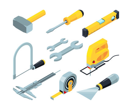 Electronic tools for construction. Isometric pictures set