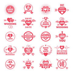 Love symbols for wedding day. Monochrome badges