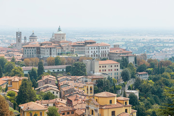 Fototapeta premium Bergamo, Italy - August 18, 2017: Panoramic view of the city of Bergamo from the castle walls