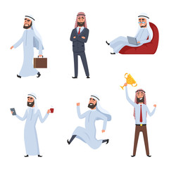 Cartoon characters set. Illustrations of arabic businessmen