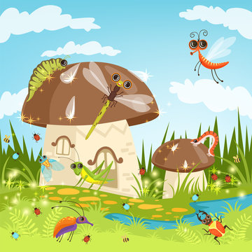 Fairytale landscape with funny insects