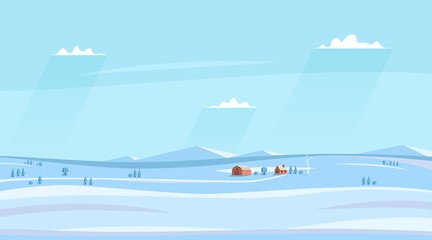 Winter counryside landscape. Horizontal rural sideview landscape. Fields and farm house, sky with clouds. Vector illustration.