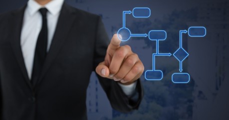 Hand touching blue wireframe