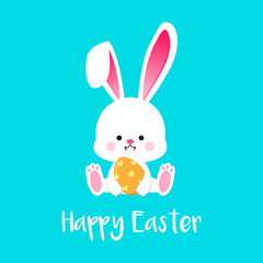 Happy Easter card vector illustration. Cute Easter bunny holding orange egg on blue background.